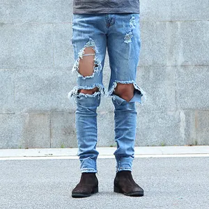 Men's Stretch Slim-fit Slit Chain Ripped Jeans