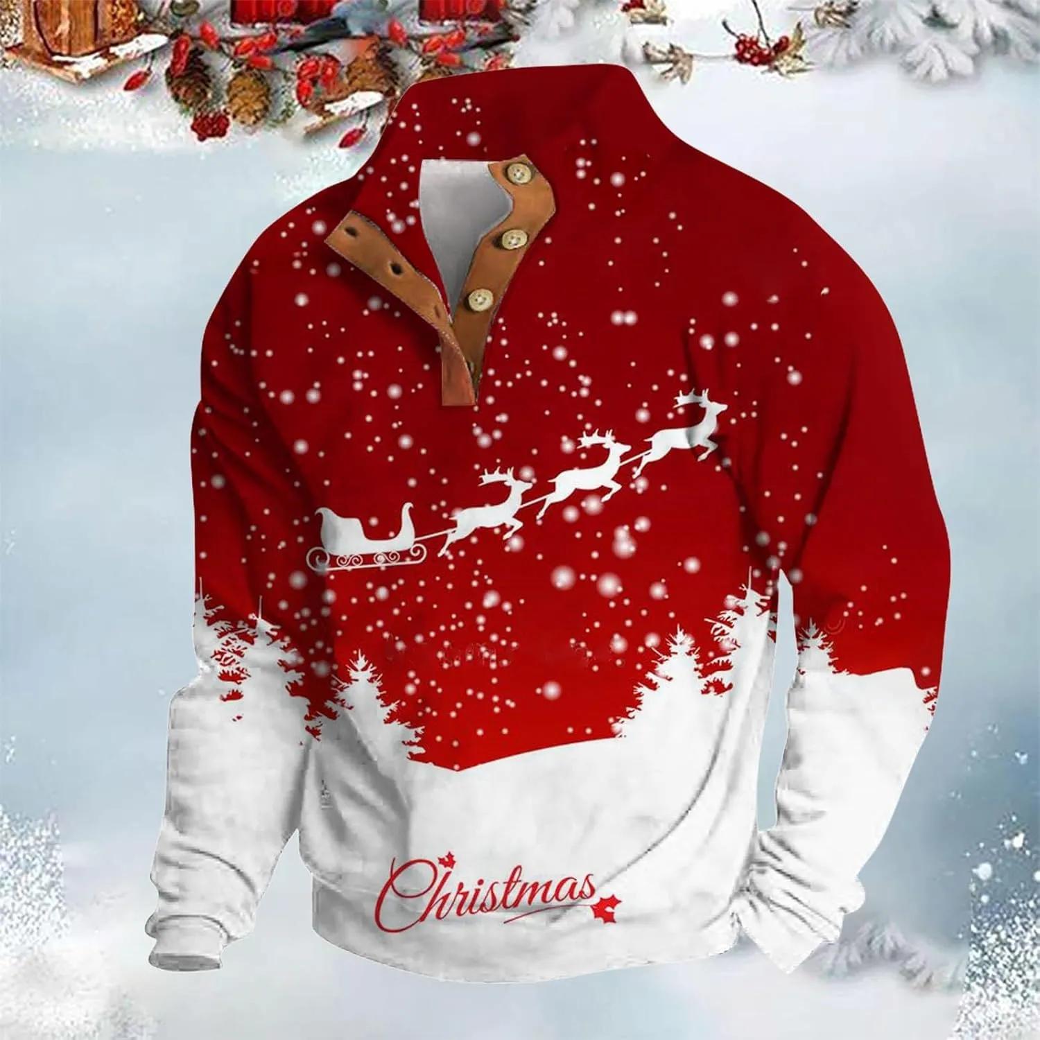 Mens Sweatshirts Christmas Fashion Long Sleeve Quarter Button T Shirt Casual Loose Solid Color Stand Collar Pullover