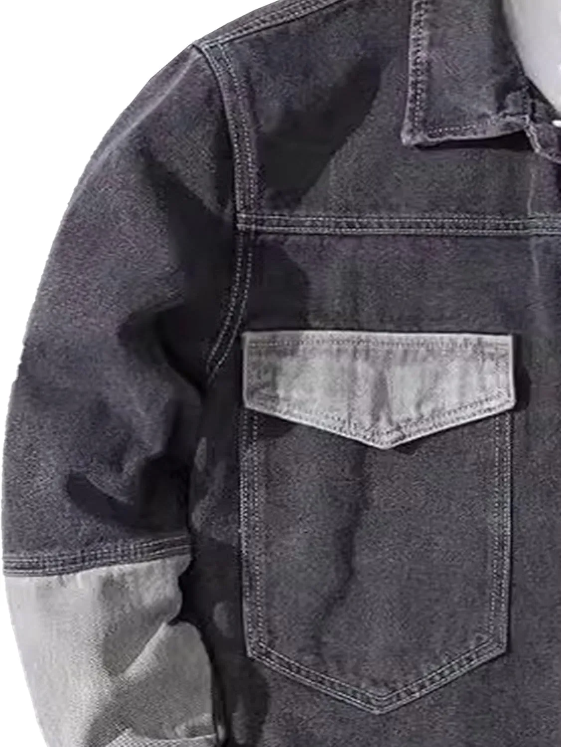 Mens Trendy Patchwork Lapel Denim Jacket Spliced Ripped Denim Coat Pocket Colorblock Cowboy Outerwear
