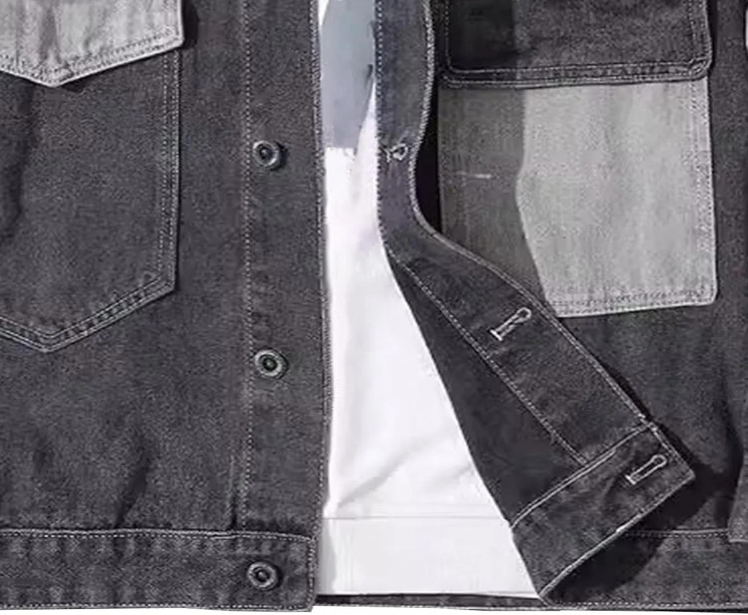 Mens Trendy Patchwork Lapel Denim Jacket Spliced Ripped Denim Coat Pocket Colorblock Cowboy Outerwear