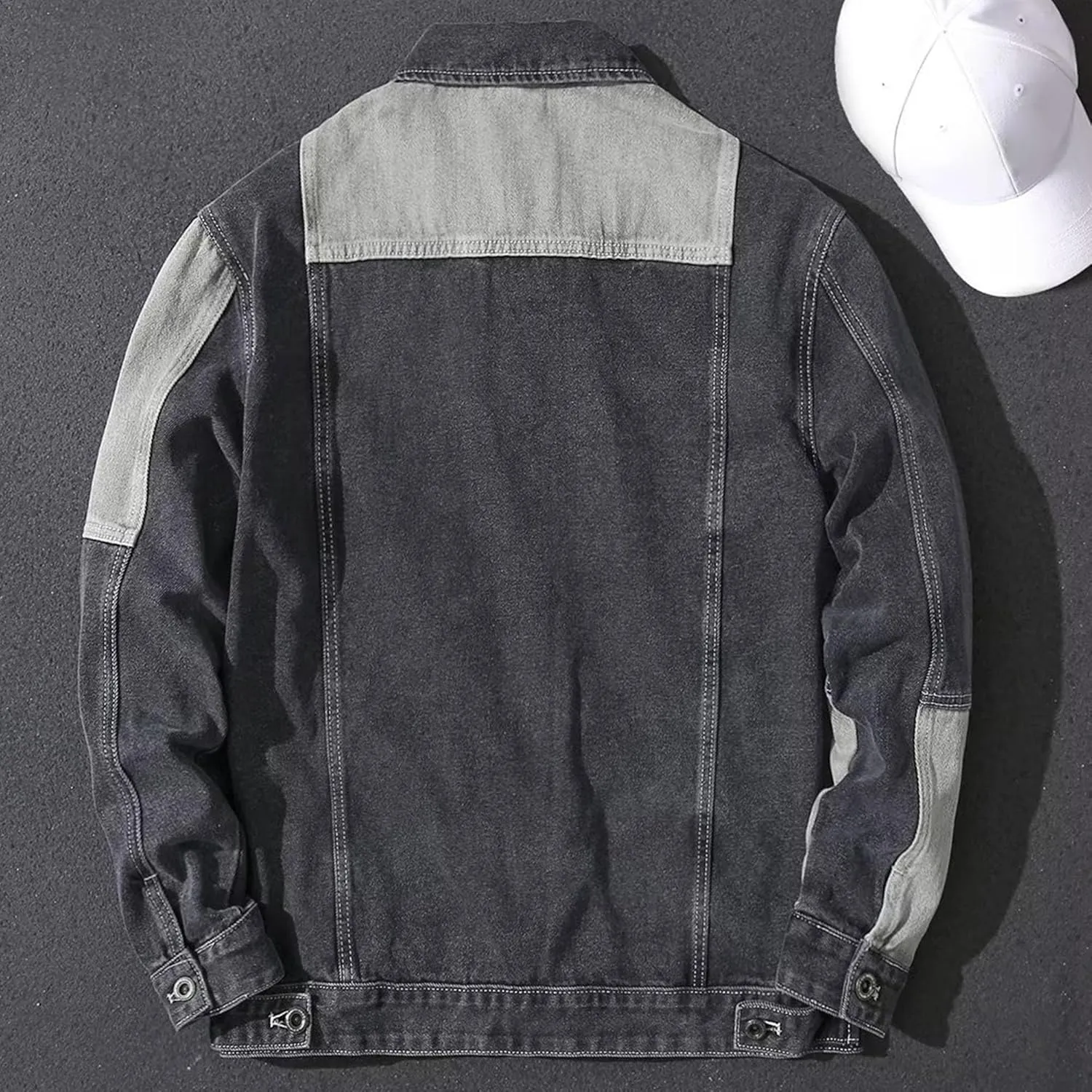 Mens Trendy Patchwork Lapel Denim Jacket Spliced Ripped Denim Coat Pocket Colorblock Cowboy Outerwear