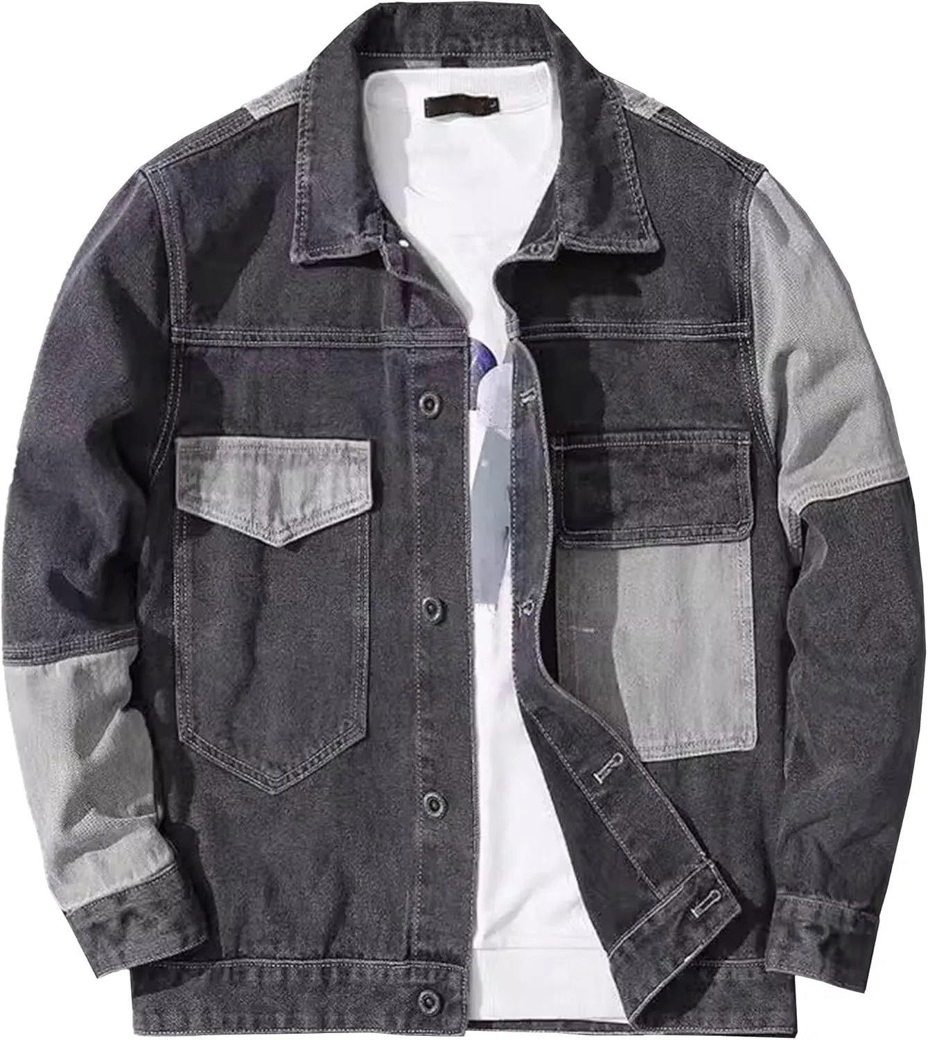 Mens Trendy Patchwork Lapel Denim Jacket Spliced Ripped Denim Coat Pocket Colorblock Cowboy Outerwear