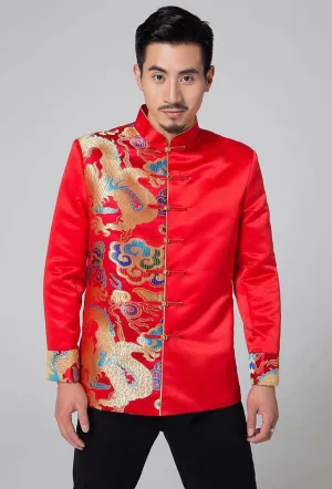 Men’s wedding suit, Chinese wedding suit,  Wedding Tang Jacket, half-side colorful dragon pattern, mandarin collar