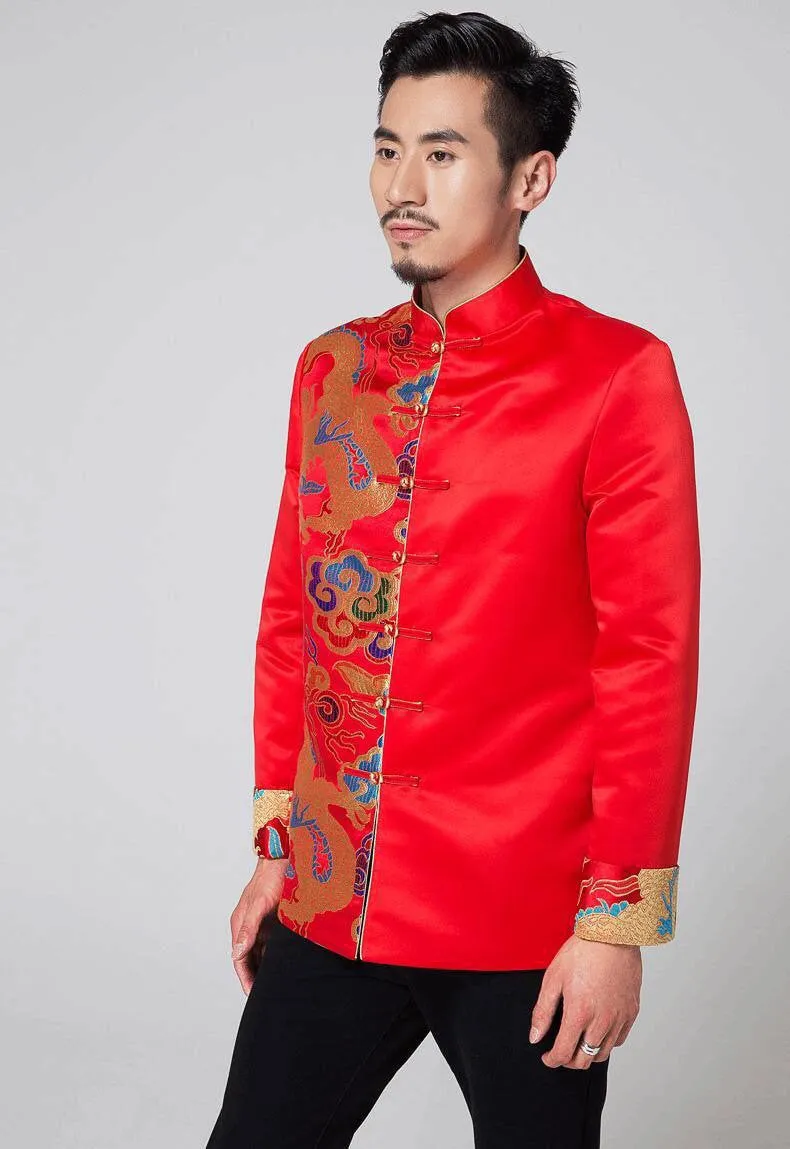 Men’s wedding suit, Chinese wedding suit,  Wedding Tang Jacket, half-side colorful dragon pattern, mandarin collar