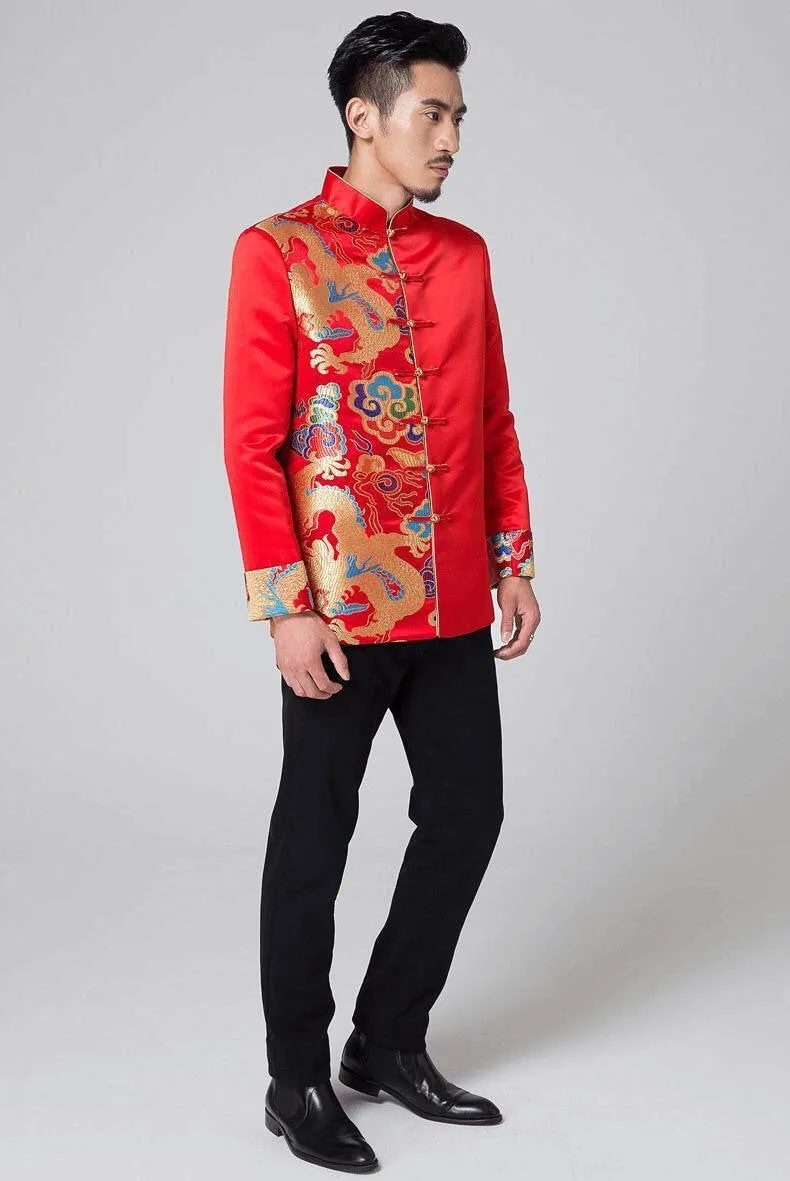 Men’s wedding suit, Chinese wedding suit,  Wedding Tang Jacket, half-side colorful dragon pattern, mandarin collar