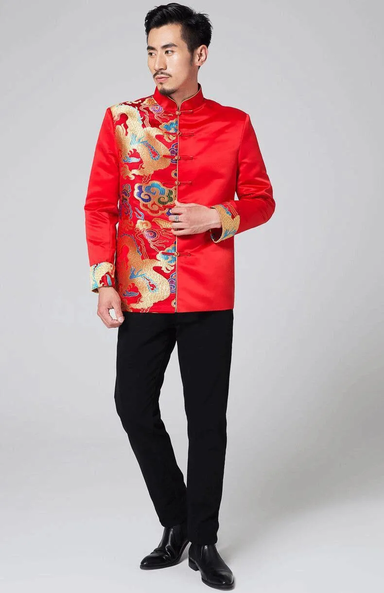Men’s wedding suit, Chinese wedding suit,  Wedding Tang Jacket, half-side colorful dragon pattern, mandarin collar