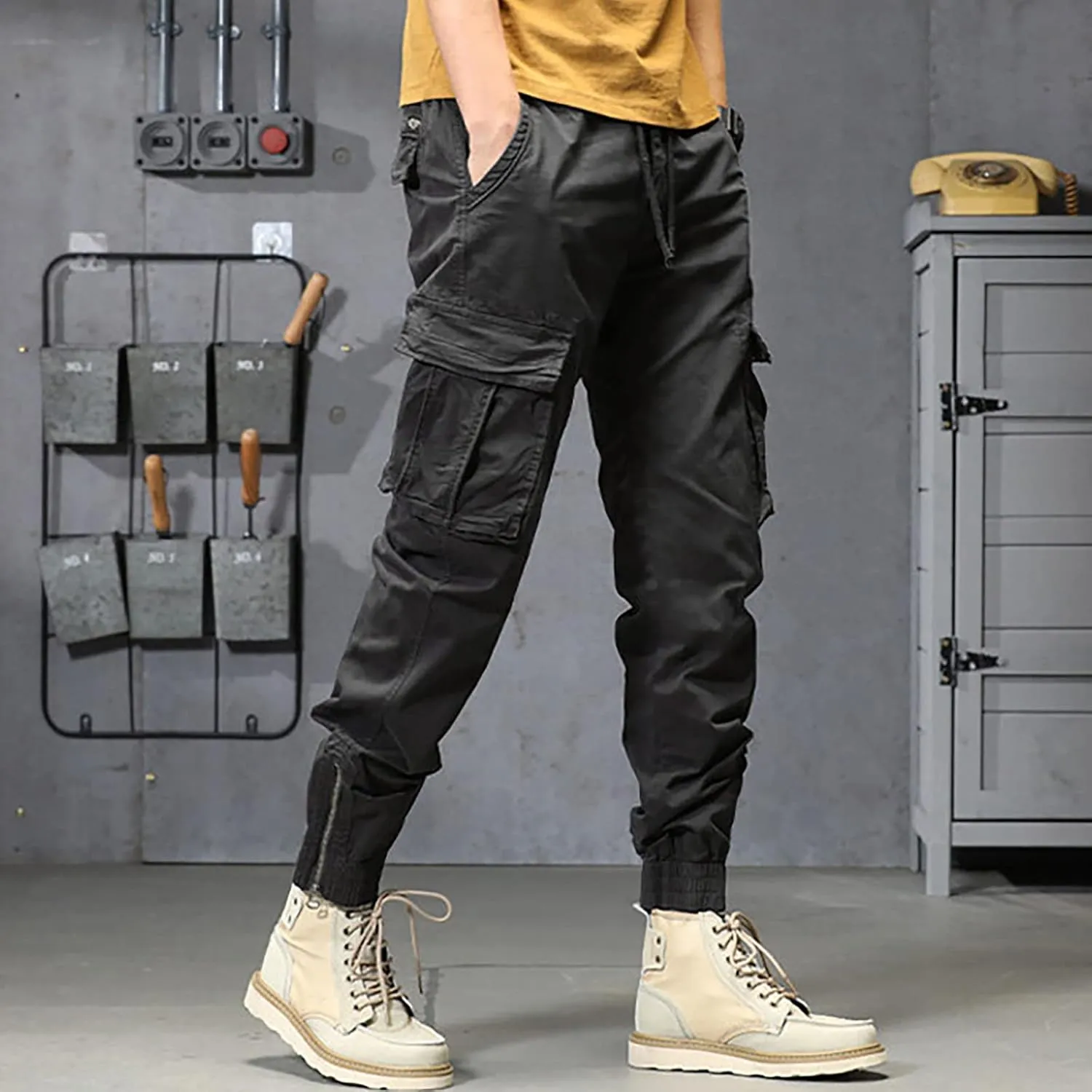 Mens Workout Cargo Sweatpants Heavy Weight Cotton Fleece Sweatpants Open Bottom Elastic Waist Drawstring with Pockets