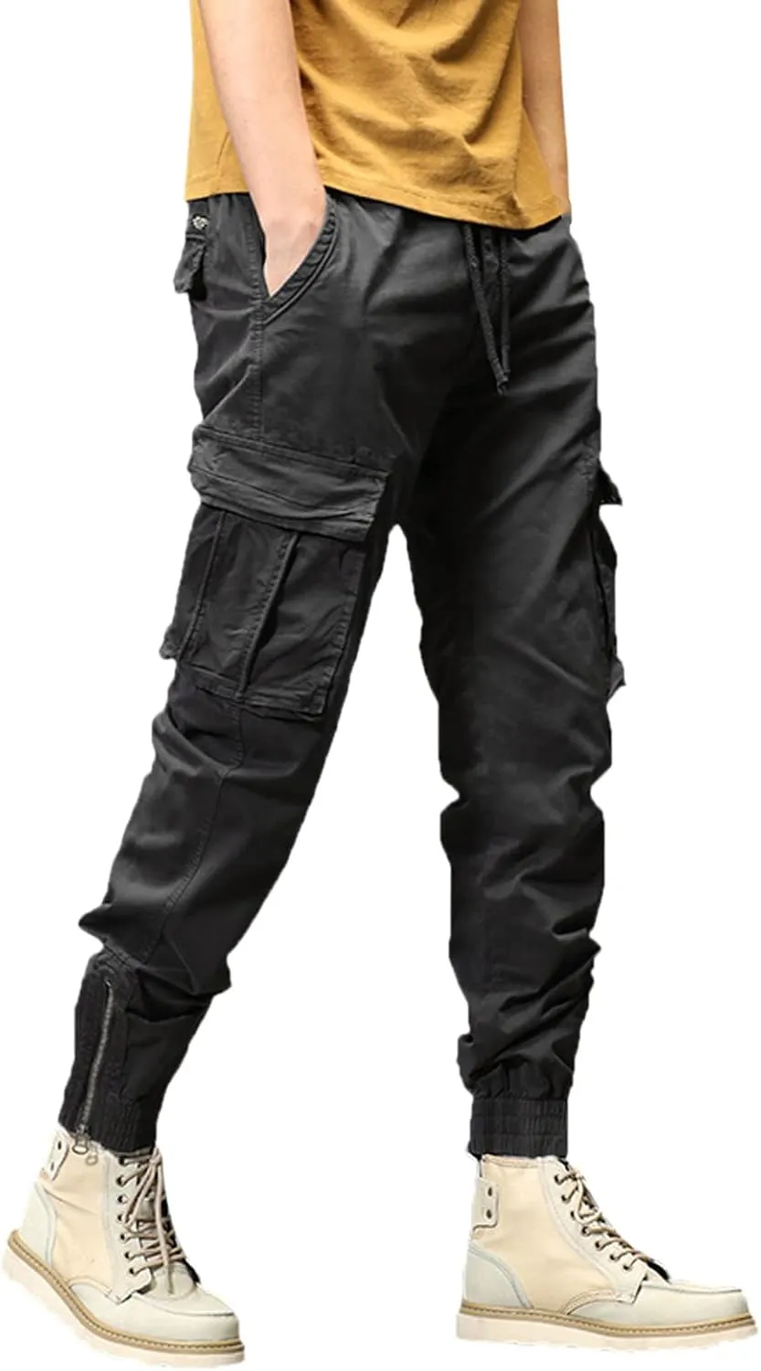 Mens Workout Cargo Sweatpants Heavy Weight Cotton Fleece Sweatpants Open Bottom Elastic Waist Drawstring with Pockets