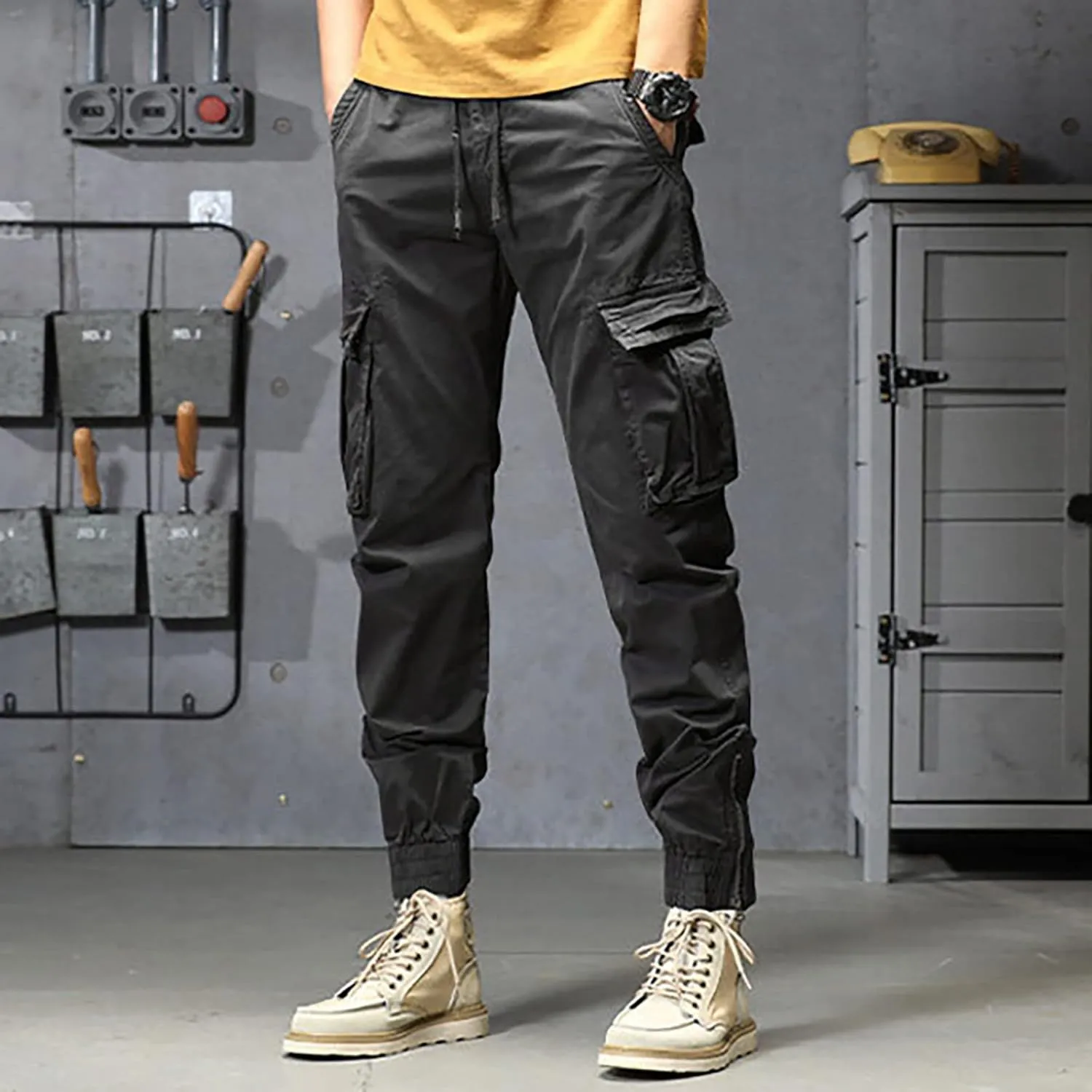 Mens Workout Cargo Sweatpants Heavy Weight Cotton Fleece Sweatpants Open Bottom Elastic Waist Drawstring with Pockets