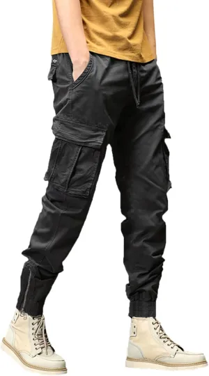 Mens Workout Cargo Sweatpants Heavy Weight Cotton Fleece Sweatpants Open Bottom Elastic Waist Drawstring with Pockets