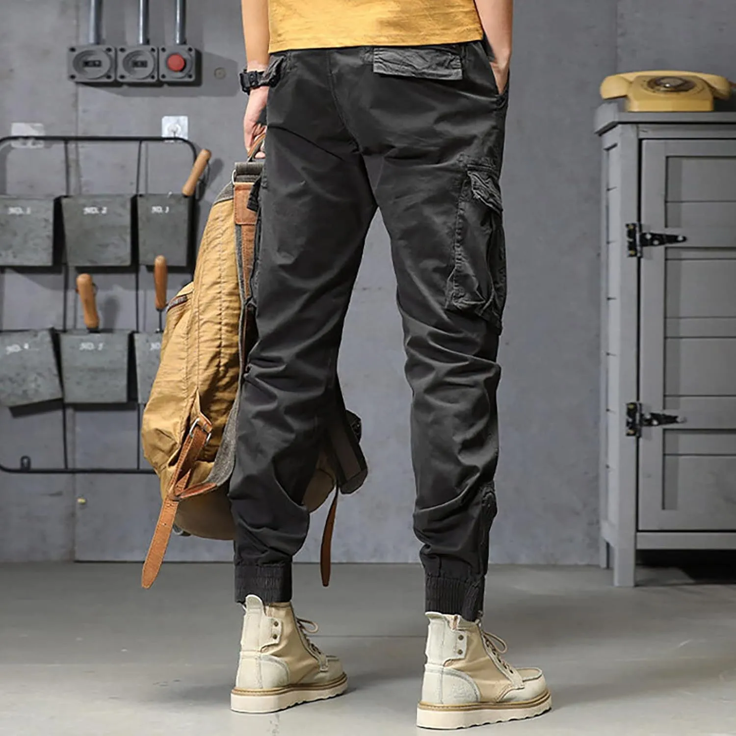 Mens Workout Cargo Sweatpants Heavy Weight Cotton Fleece Sweatpants Open Bottom Elastic Waist Drawstring with Pockets