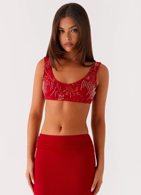 Layered Neckline Low Profile Seaming Mercer Sequin Bralette - Red