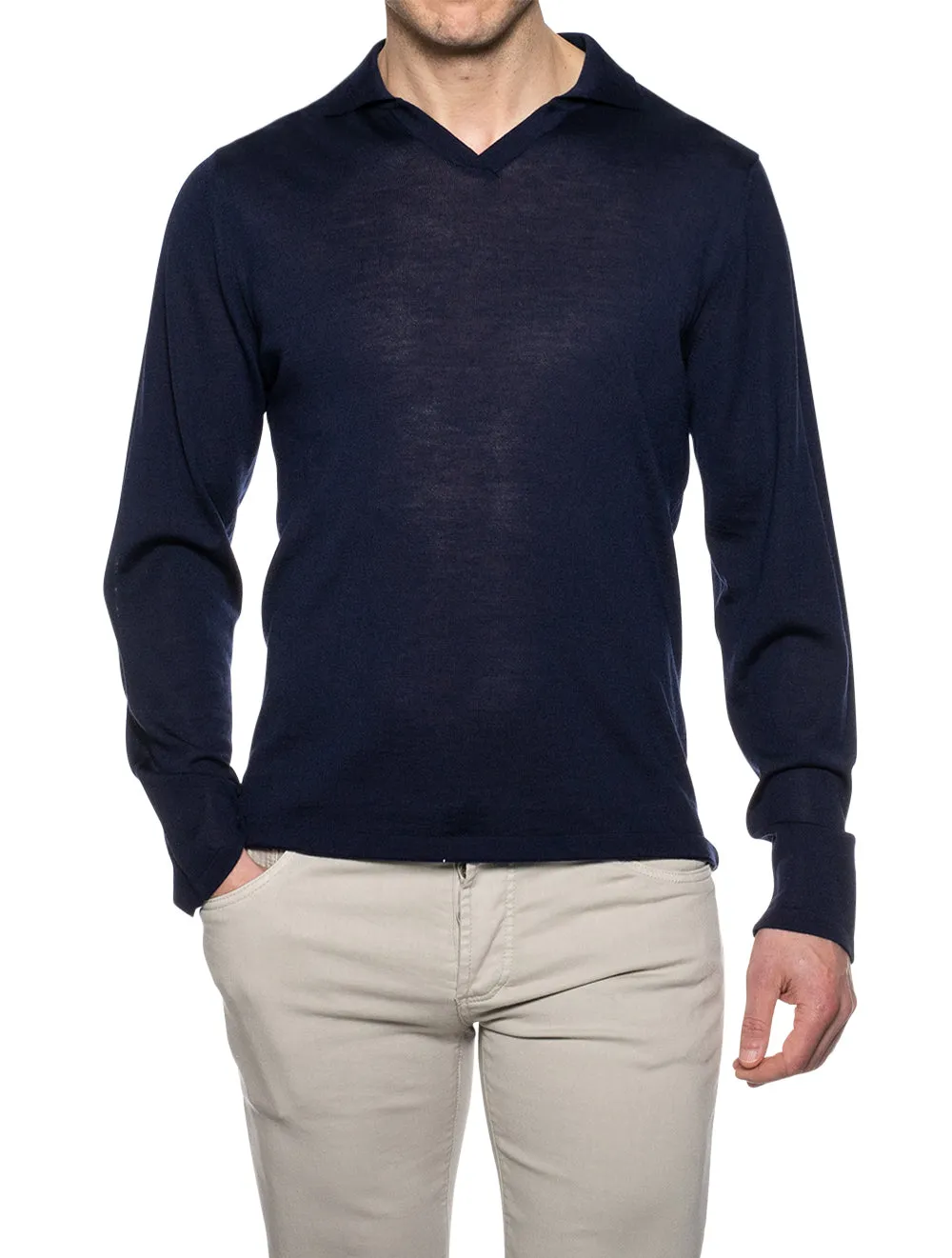 Merino Wool Longsleeve Polo Navy