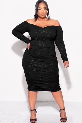 Final Sale Plus Size Shimmer Off The Shoulder Ruched BodyCon Dress in Black Thermal Regulating Fabric