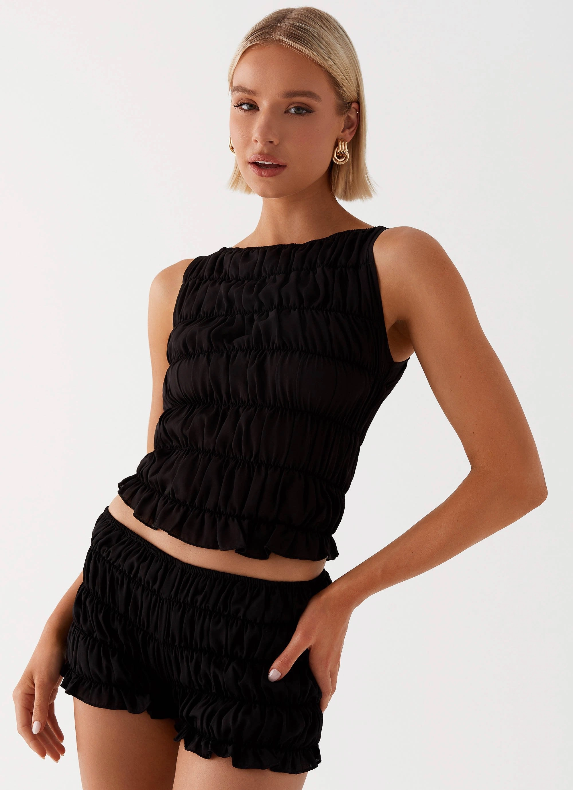 Messina Ruched Tank Top - Black Recycled Polyester Blend Mesh Lining