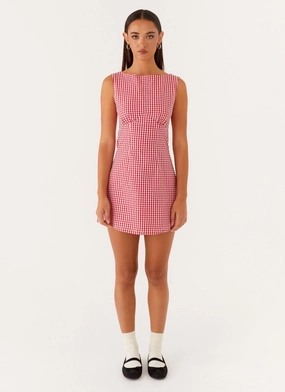 Lotus Tie Back Mini Dress - Red Gingham Trendy Fit Look