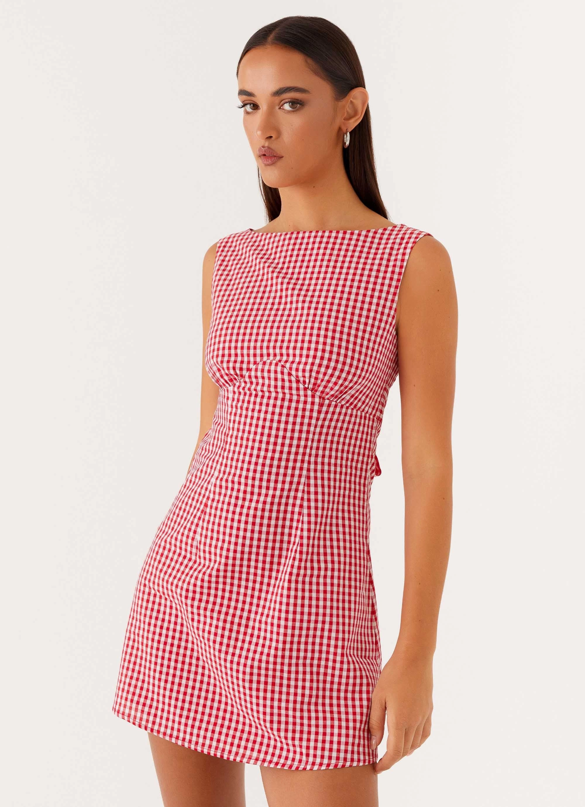 Elastic Fit Luxurious Feel Lotus Tie Back Mini Dress - Red Gingham