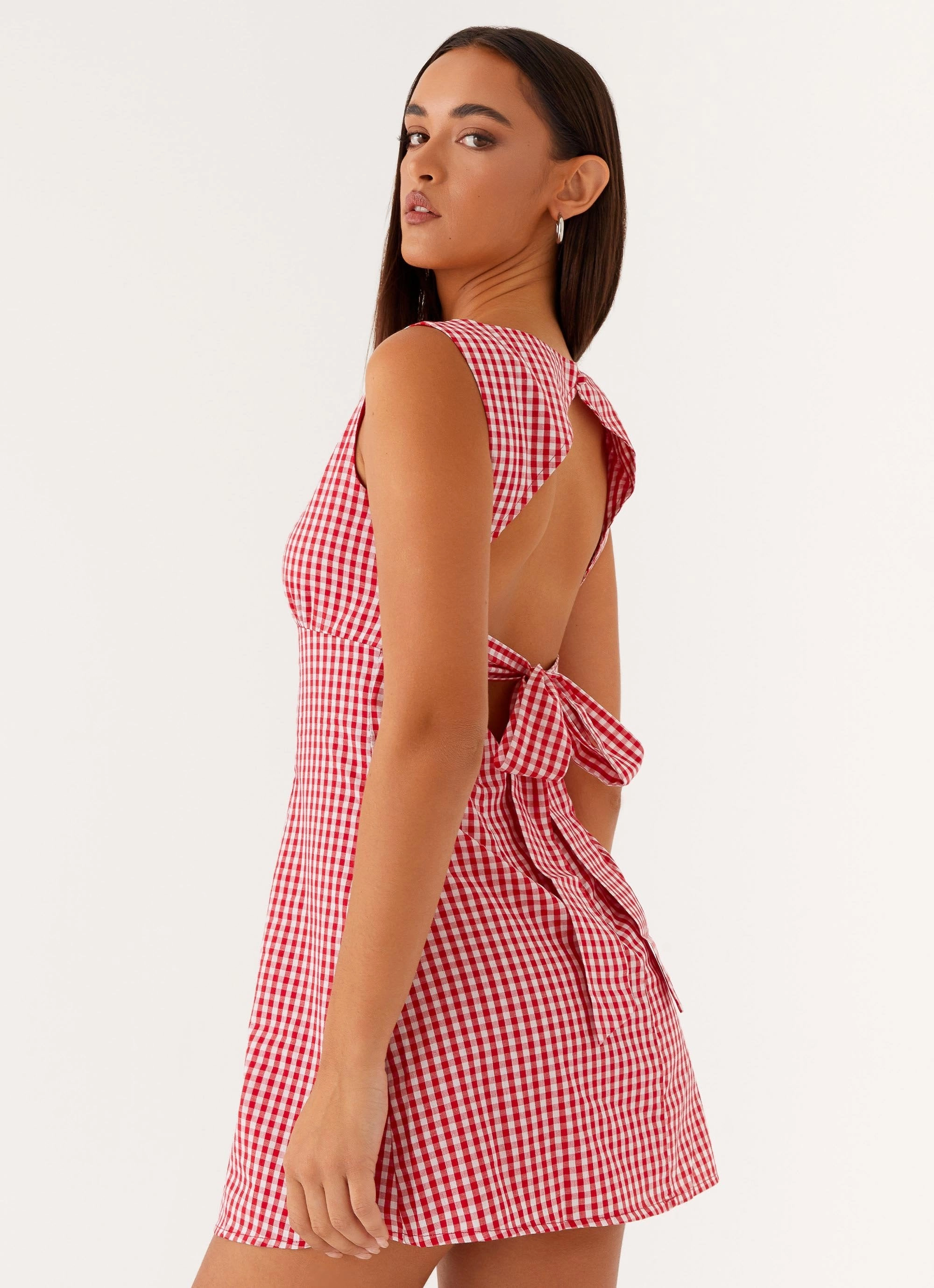 Lotus Tie Back Mini Dress - Red Gingham LightweightMaterial Seasonal Wear