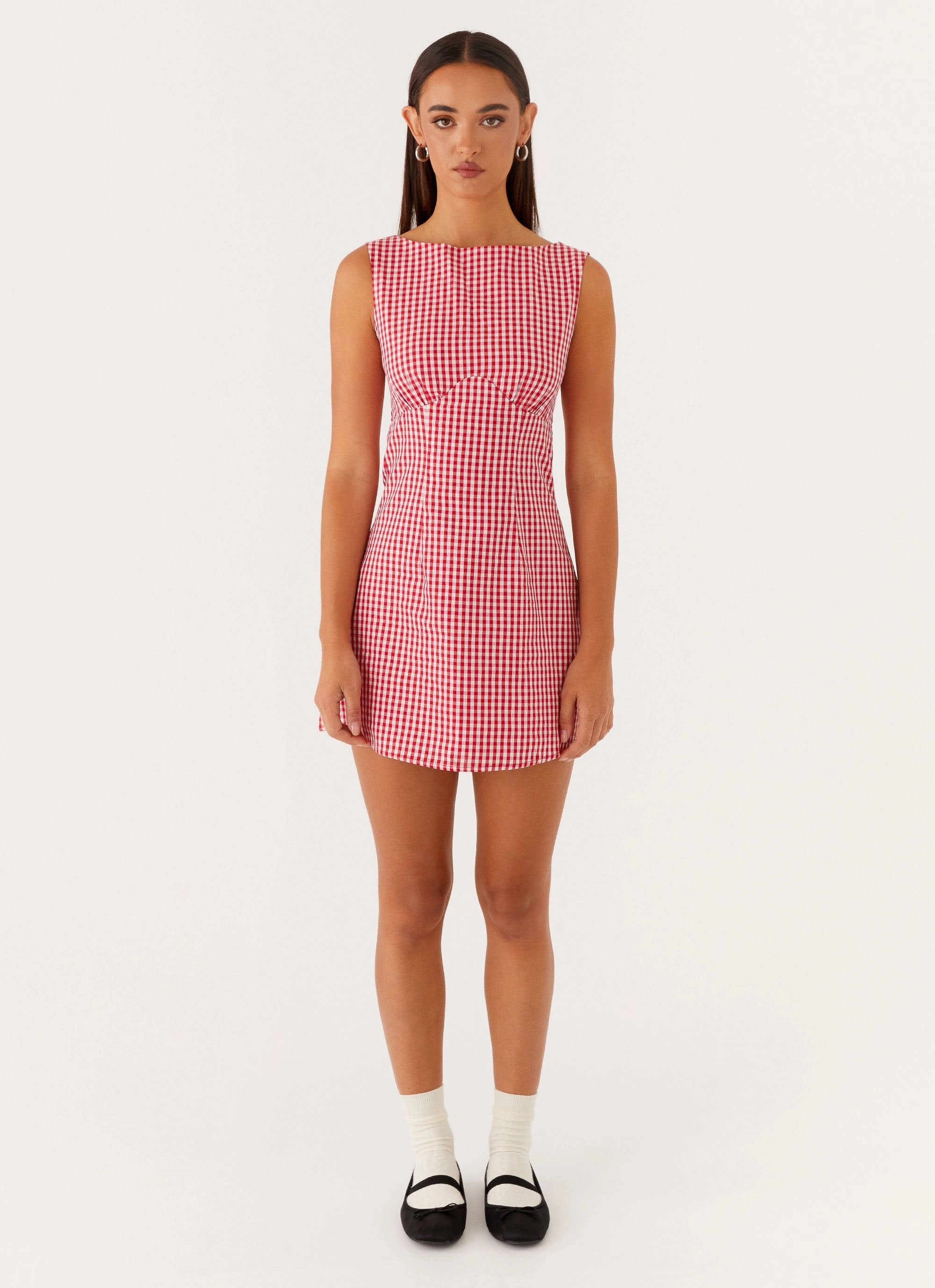 Lotus Tie Back Mini Dress - Red Gingham Trendy Fit Look