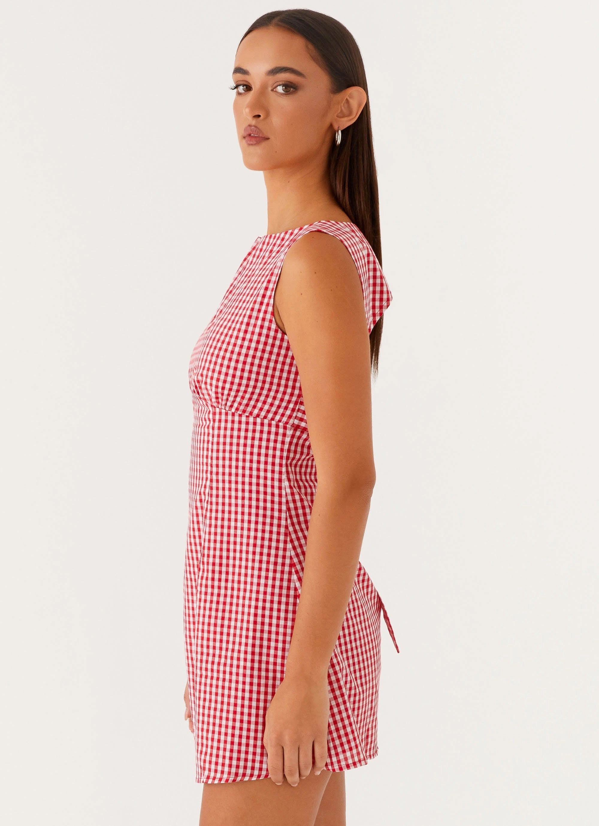 Lotus Tie Back Mini Dress - Red Gingham Smooth-Finish