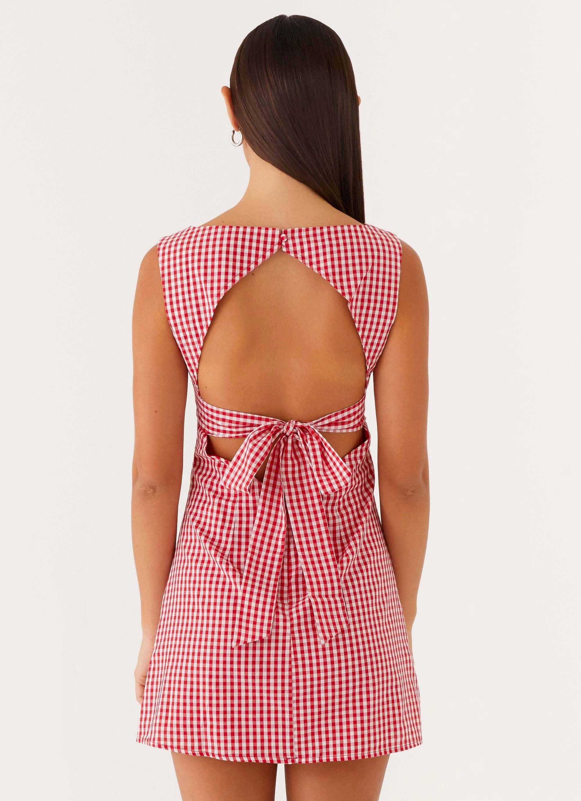 Lotus Tie Back Mini Dress - Red Gingham Sheer Overlay
