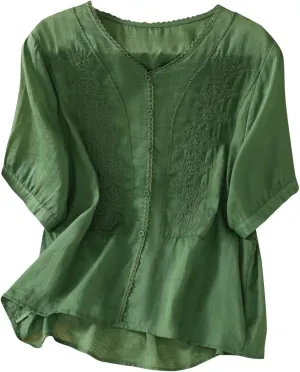 Mexican Embroidered Cotton Linen Tees Peasant Tops Women 2025 Boho Shirt Short Sleeve V Neck Button Blouse Tunics
