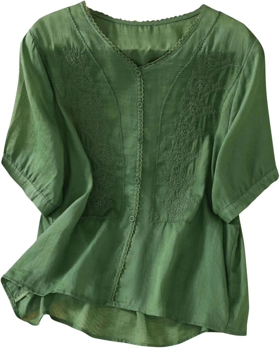 Mexican Embroidered Cotton Linen Tees Peasant Tops Women 2025 Boho Shirt Short Sleeve V Neck Button Blouse Tunics