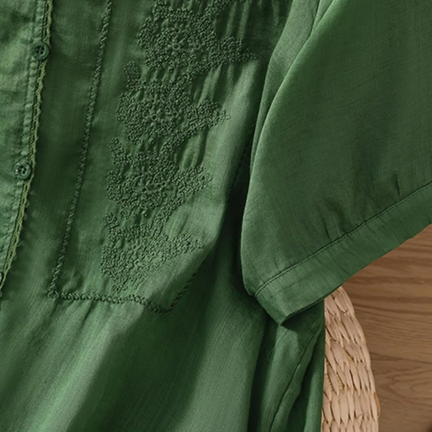Mexican Embroidered Cotton Linen Tees Peasant Tops Women 2025 Boho Shirt Short Sleeve V Neck Button Blouse Tunics