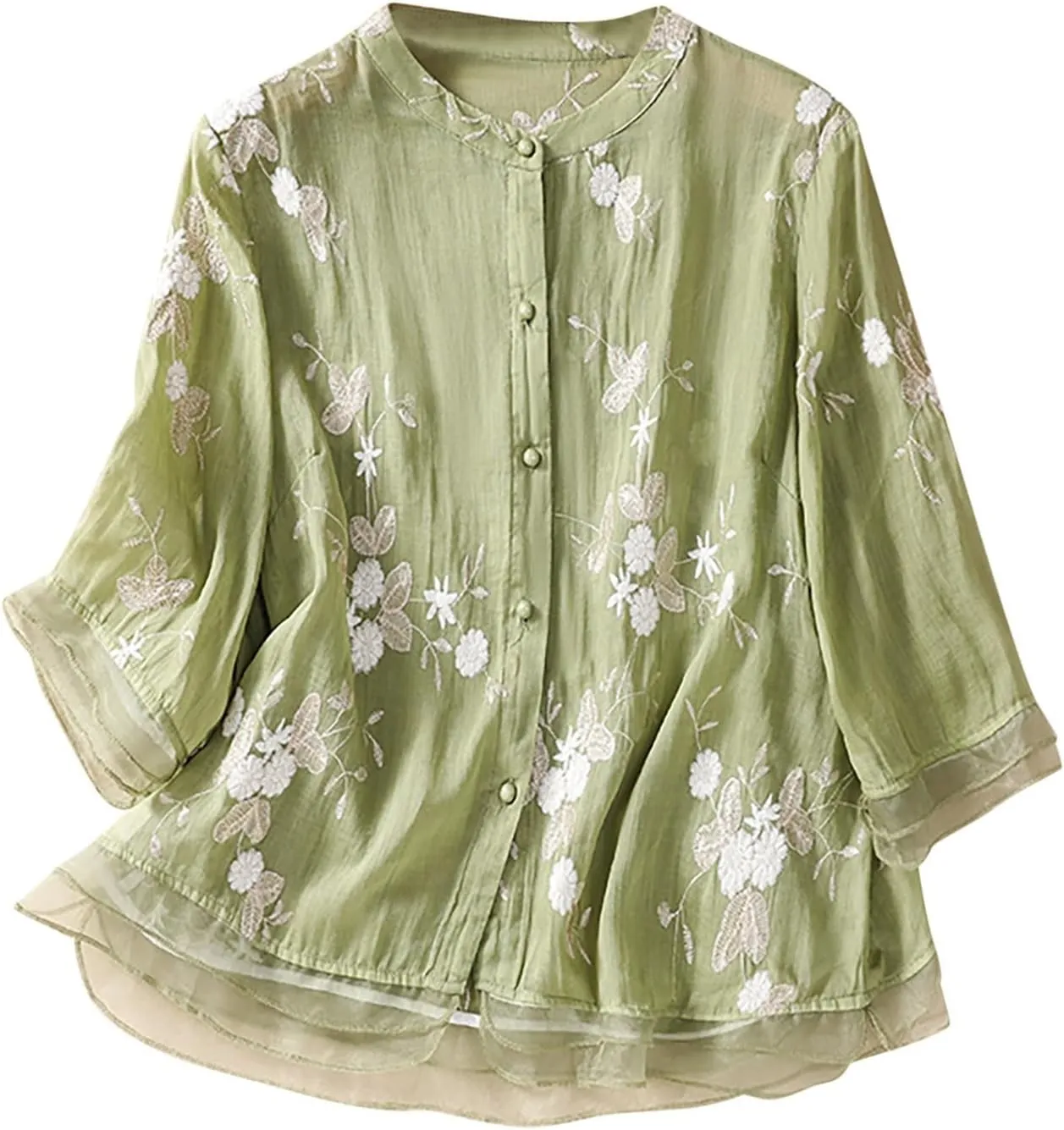 Mexican Shirts for Women Summer Embroidered Blouse Casual Short Sleeve Round Neck Top Cotton Linen Shirt