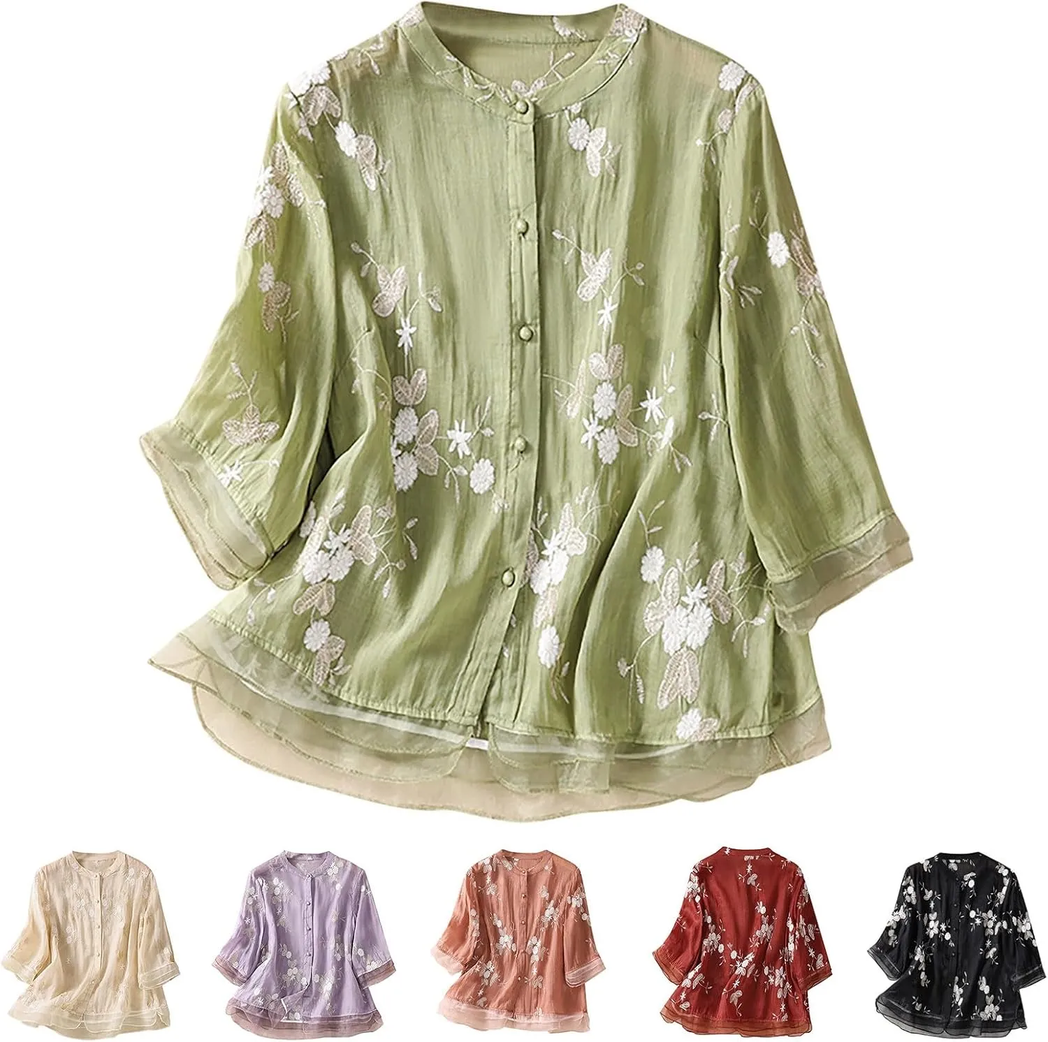 Mexican Shirts for Women Summer Embroidered Blouse Casual Short Sleeve Round Neck Top Cotton Linen Shirt