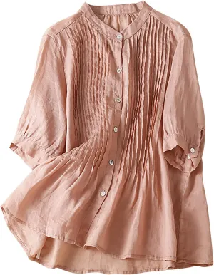 Mexican Shirts for Women Summer Embroidered Blouse Casual Short Sleeve Round Neck Top Cotton Linen Shirt