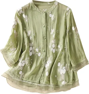 Mexican Shirts for Women Summer Embroidered Blouse Casual Short Sleeve Round Neck Top Cotton Linen Shirt