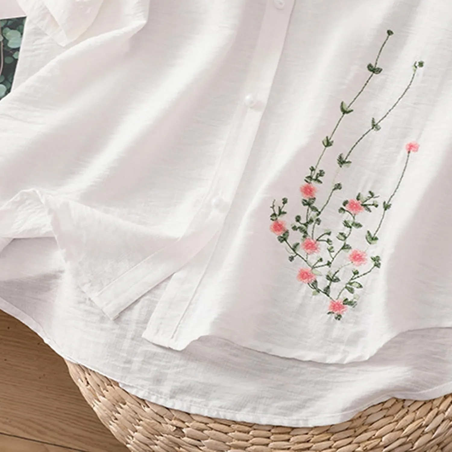 Mexico Shirts for Women Summer Embroidered Cotton Linen Blouse 3/4 Sleeve V Neck Top Vintage Boho Causal Button Shirt