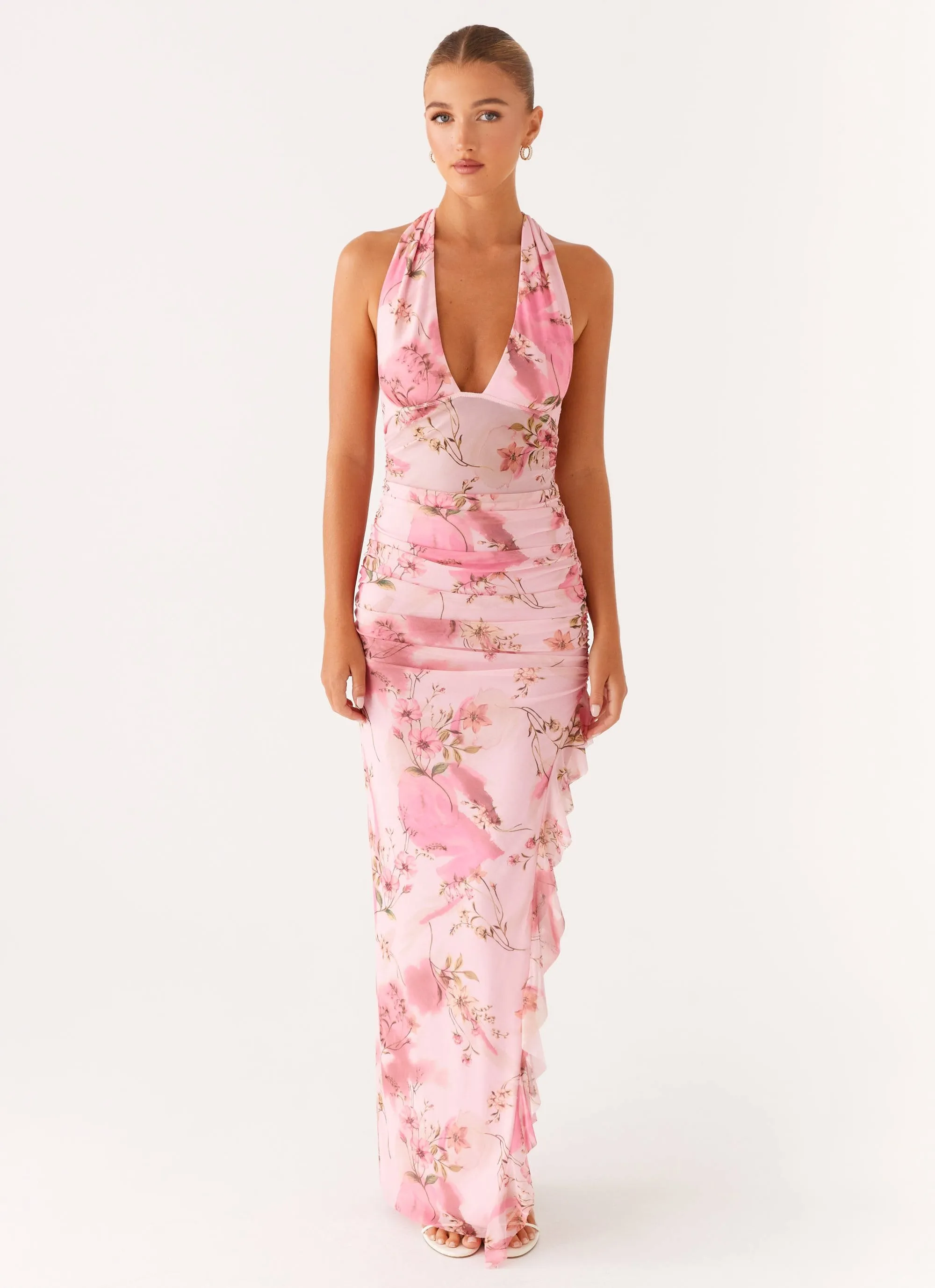 Classic and Chic Micca Halter Maxi Dress - Pink Floral Print