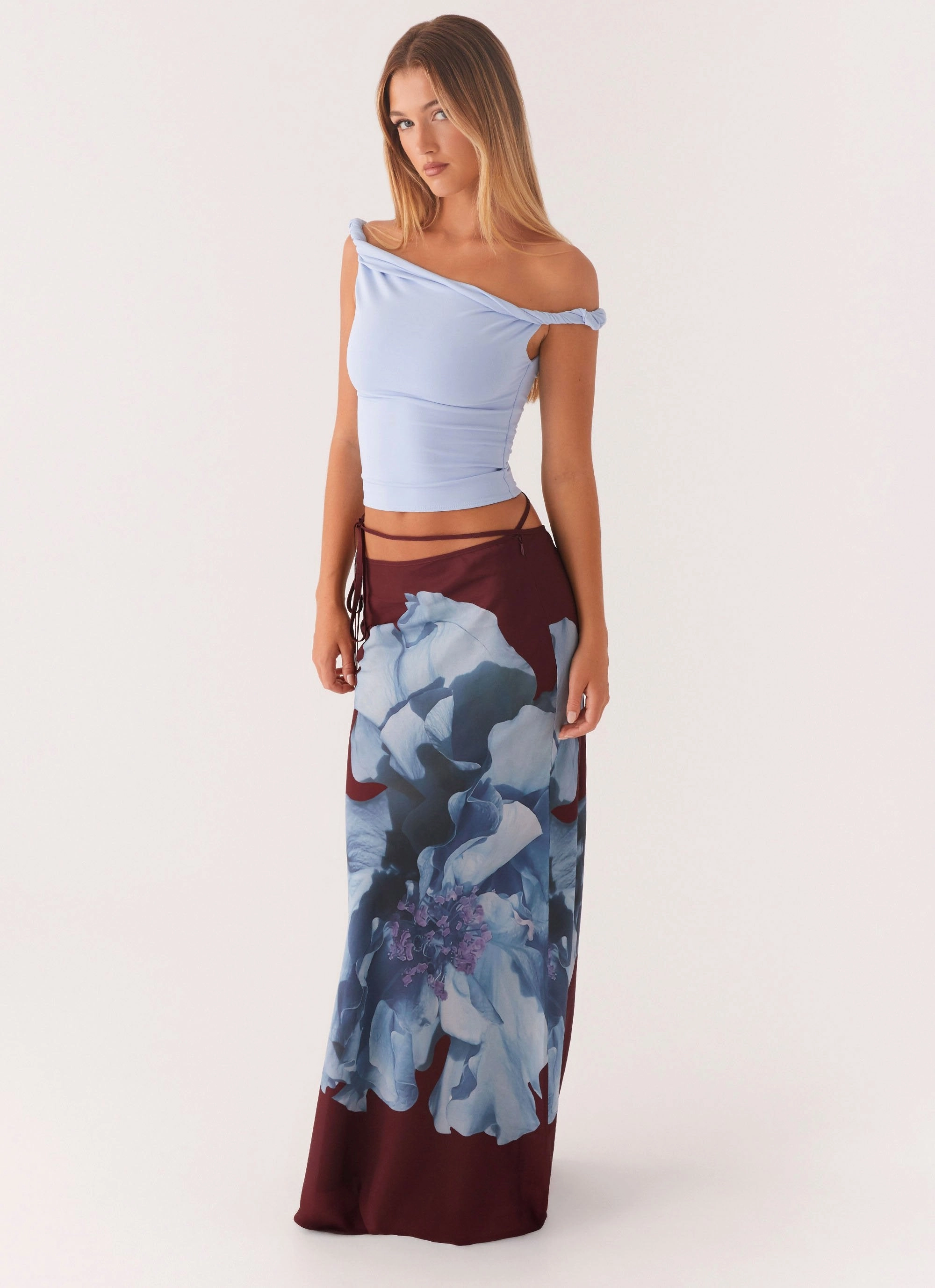 Michelle Maxi Skirt - Maroon Print Quick Dry Fit Curved Waistline