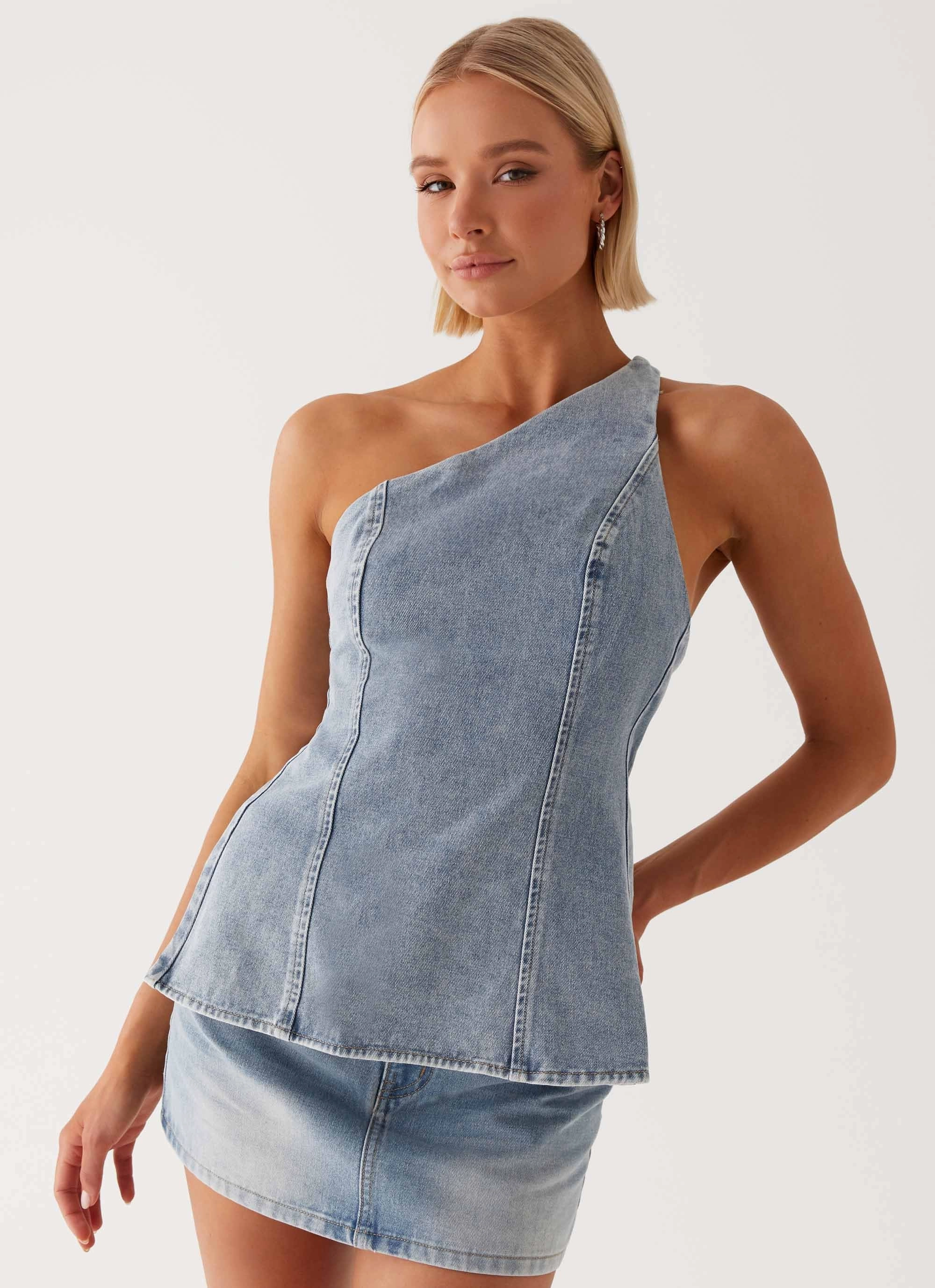 TexturedSurface Stretchy Top Maysa Denim Top - Blue