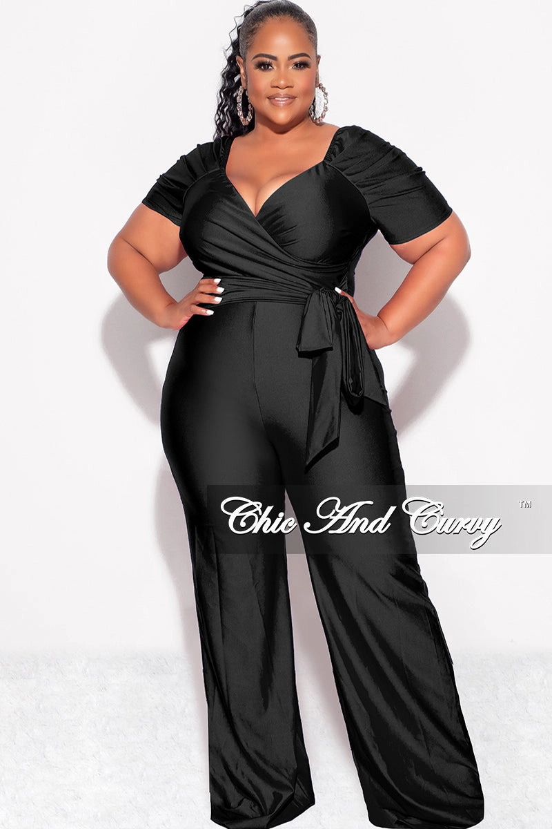 NonIrritatingSeams Reflective Accent Stripes Final Sale Plus Size Shiny Jumpsuit with Ruched Sleeves in Black