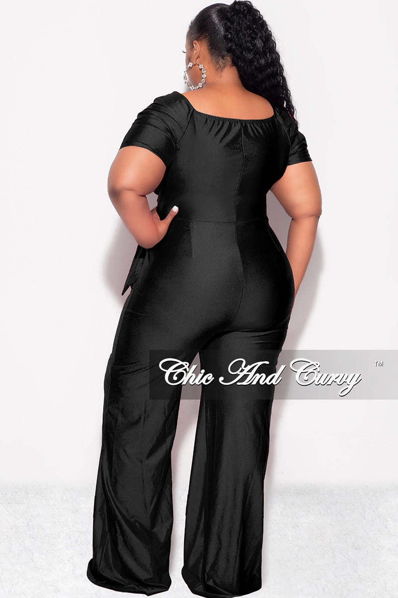Lightweight Fabric Final Sale Plus Size Shiny Jumpsuit with Ruched Sleeves in Black