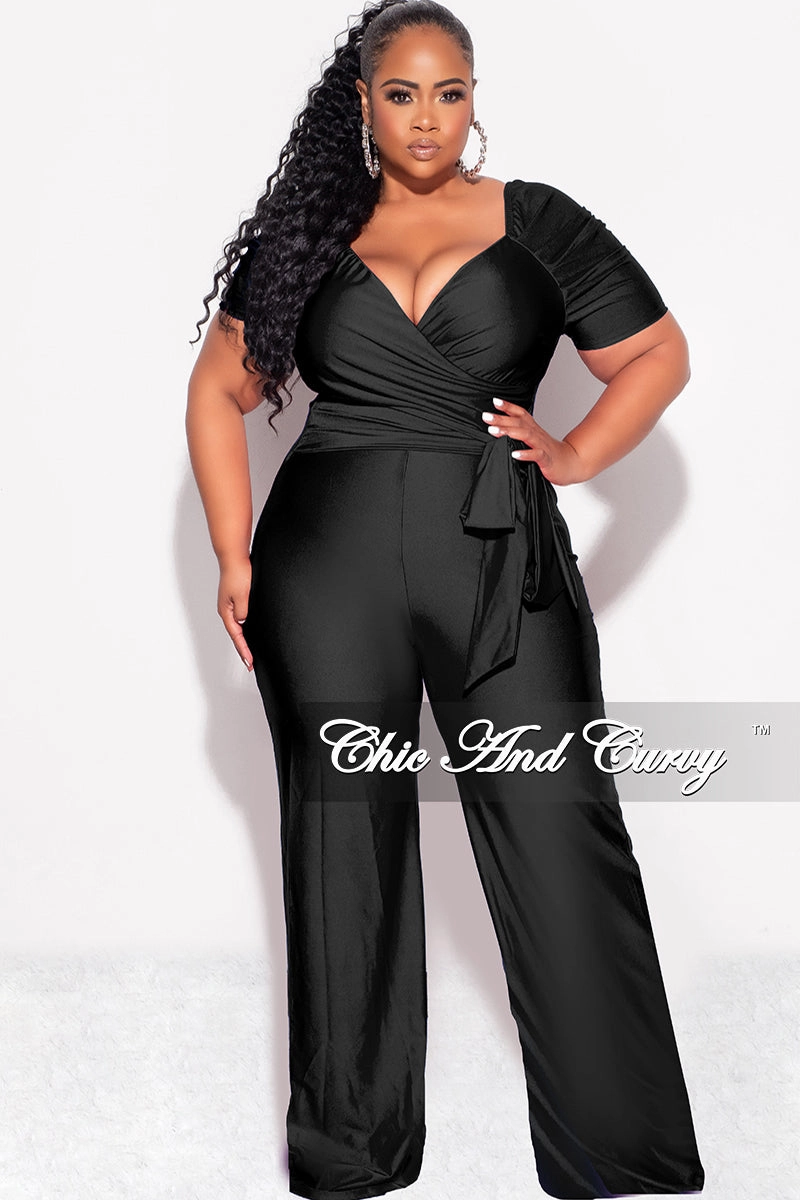 Durable Stitching Final Sale Plus Size Shiny Jumpsuit with Ruched Sleeves in Black