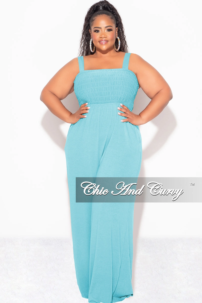 Final Sale Plus Size Sleeveless Shirred Jumpsuit in Mint Training Wear Stretch Panels