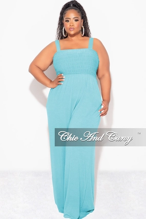 Comfortable Layers Final Sale Plus Size Sleeveless Shirred Jumpsuit in Mint