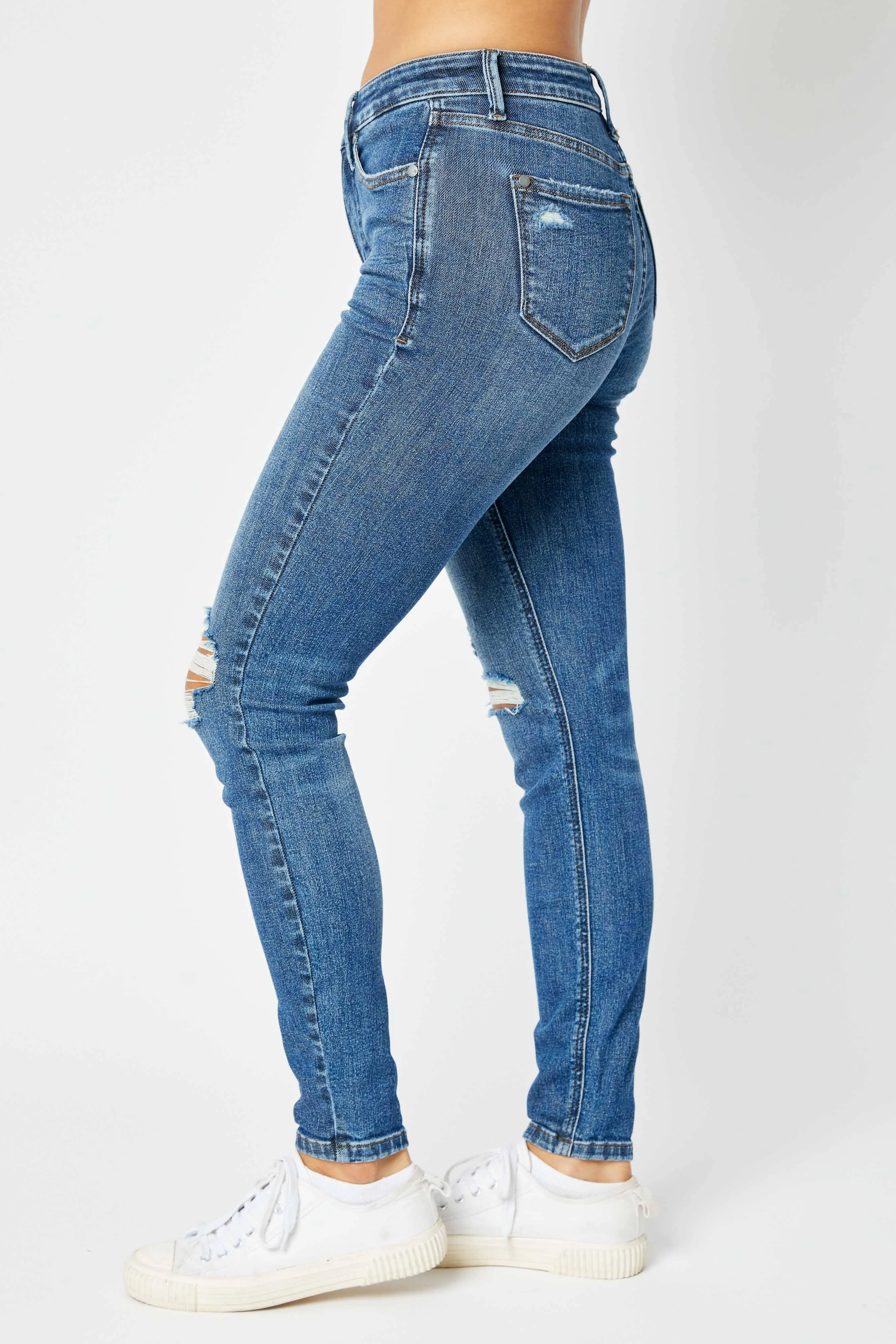 Mid Rise Tummy Control Destroy Skinny Denim