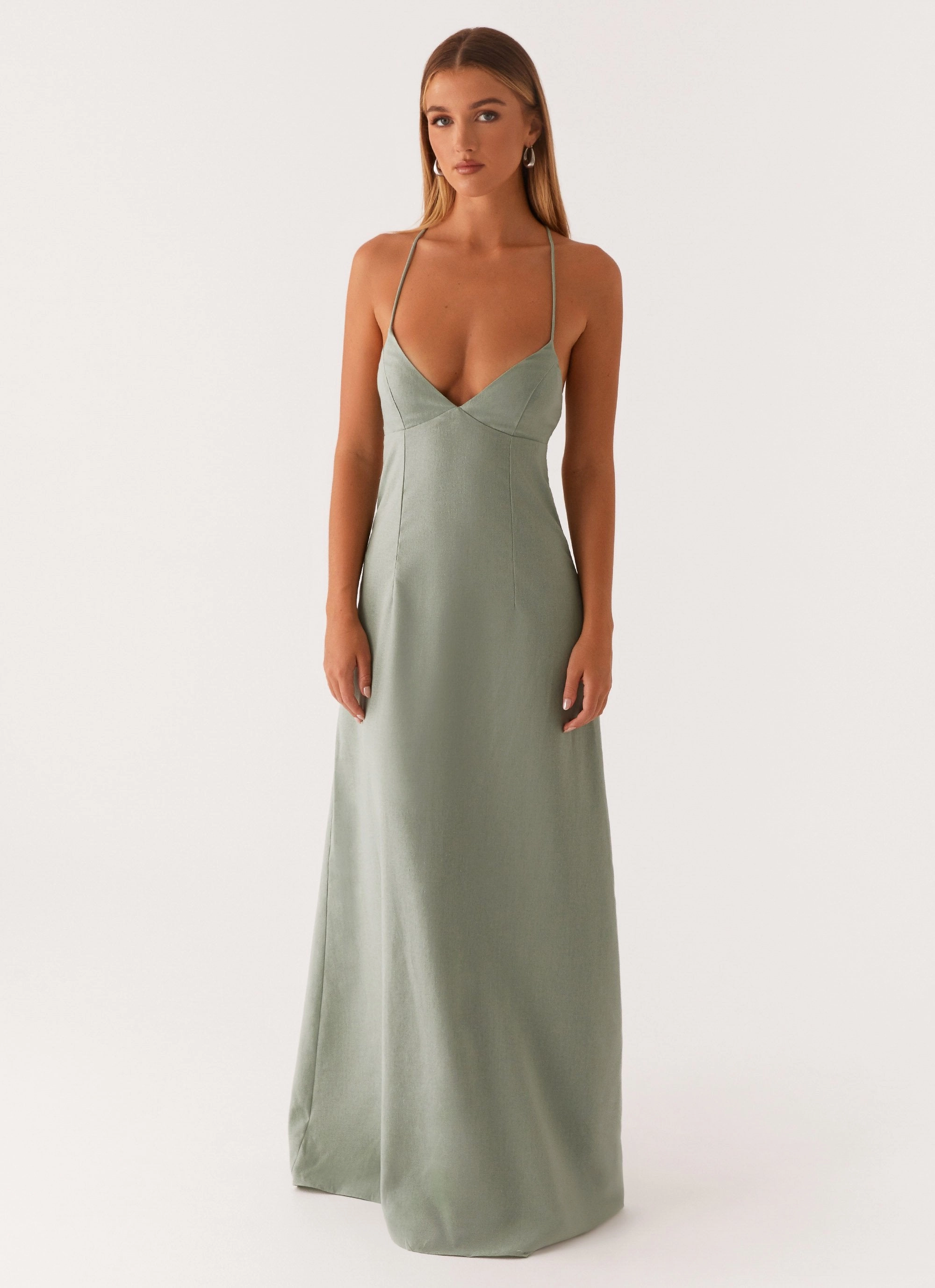 Middle Ground Linen Maxi Dress - Sage Pure Tone Premium Quality