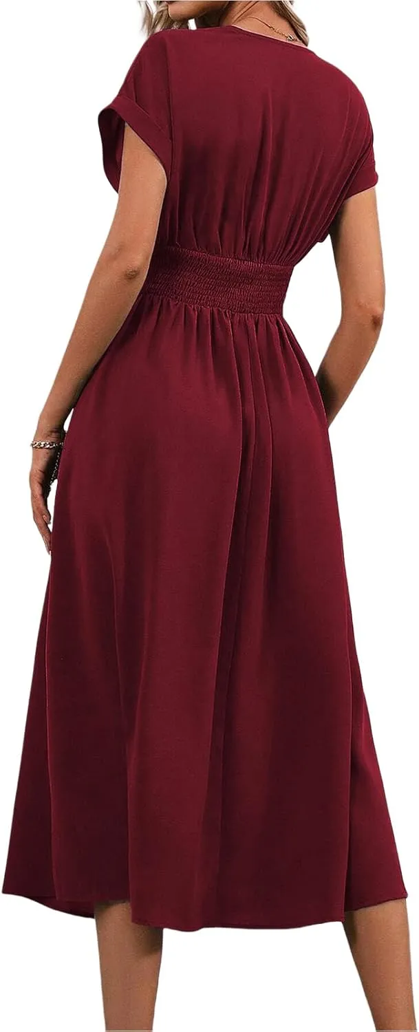 Midi Dresses for Women Fashion Empire Waist Long Dress Summer Short Sleeve Casual Dress Elegant V Neck Wedding Dresses