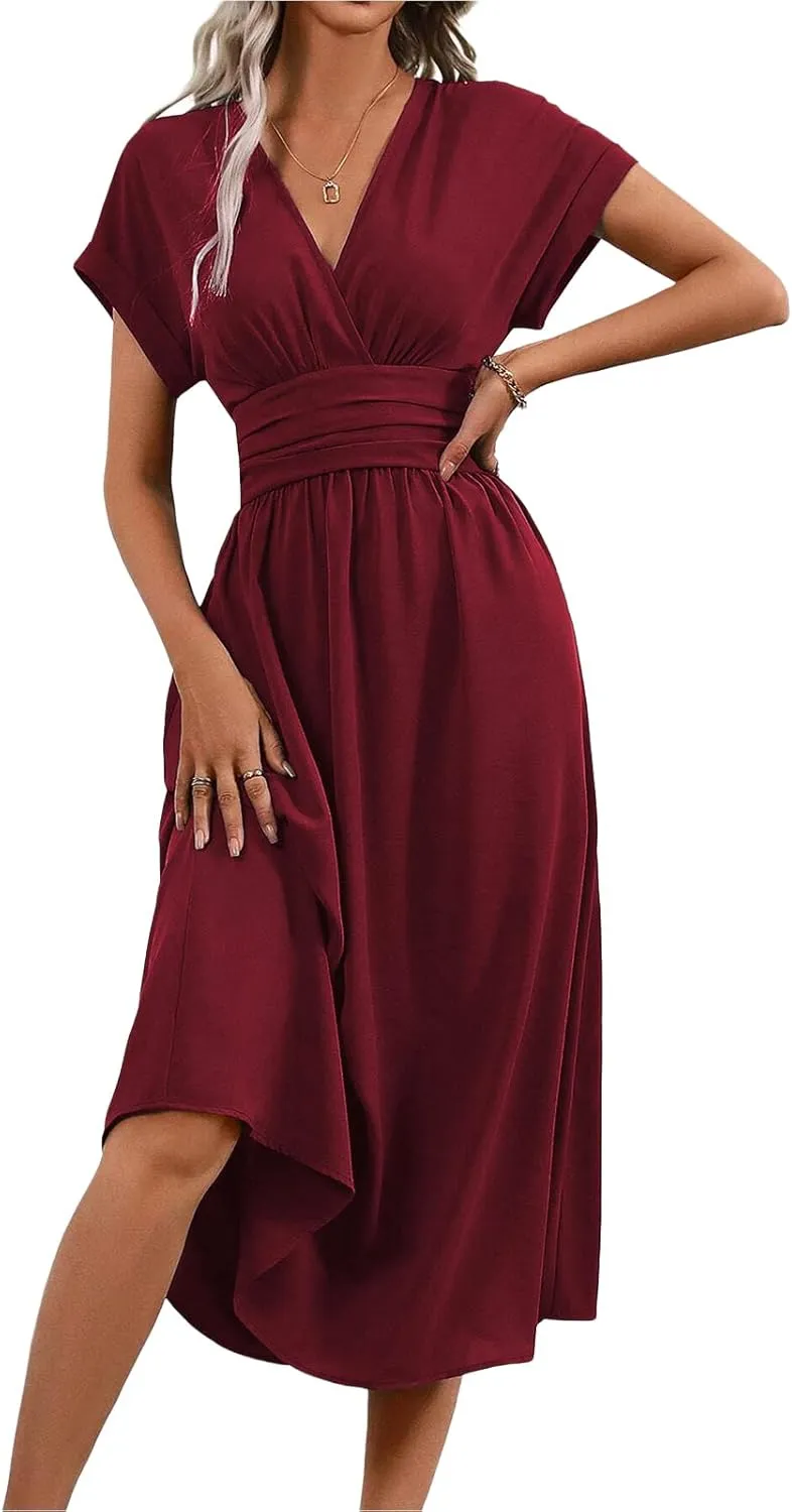Midi Dresses for Women Fashion Empire Waist Long Dress Summer Short Sleeve Casual Dress Elegant V Neck Wedding Dresses
