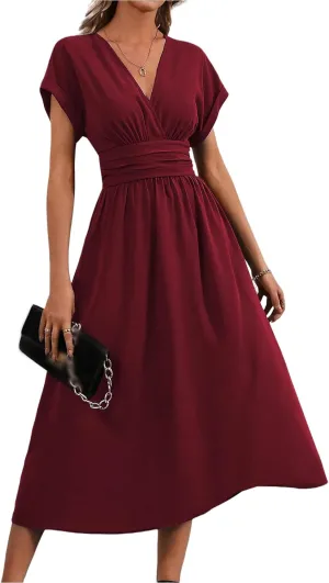 Midi Dresses for Women Fashion Empire Waist Long Dress Summer Short Sleeve Casual Dress Elegant V Neck Wedding Dresses