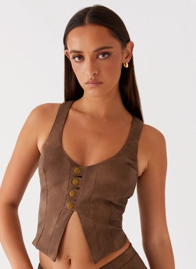 Linen Blend Fabric West District PU Top - Brown