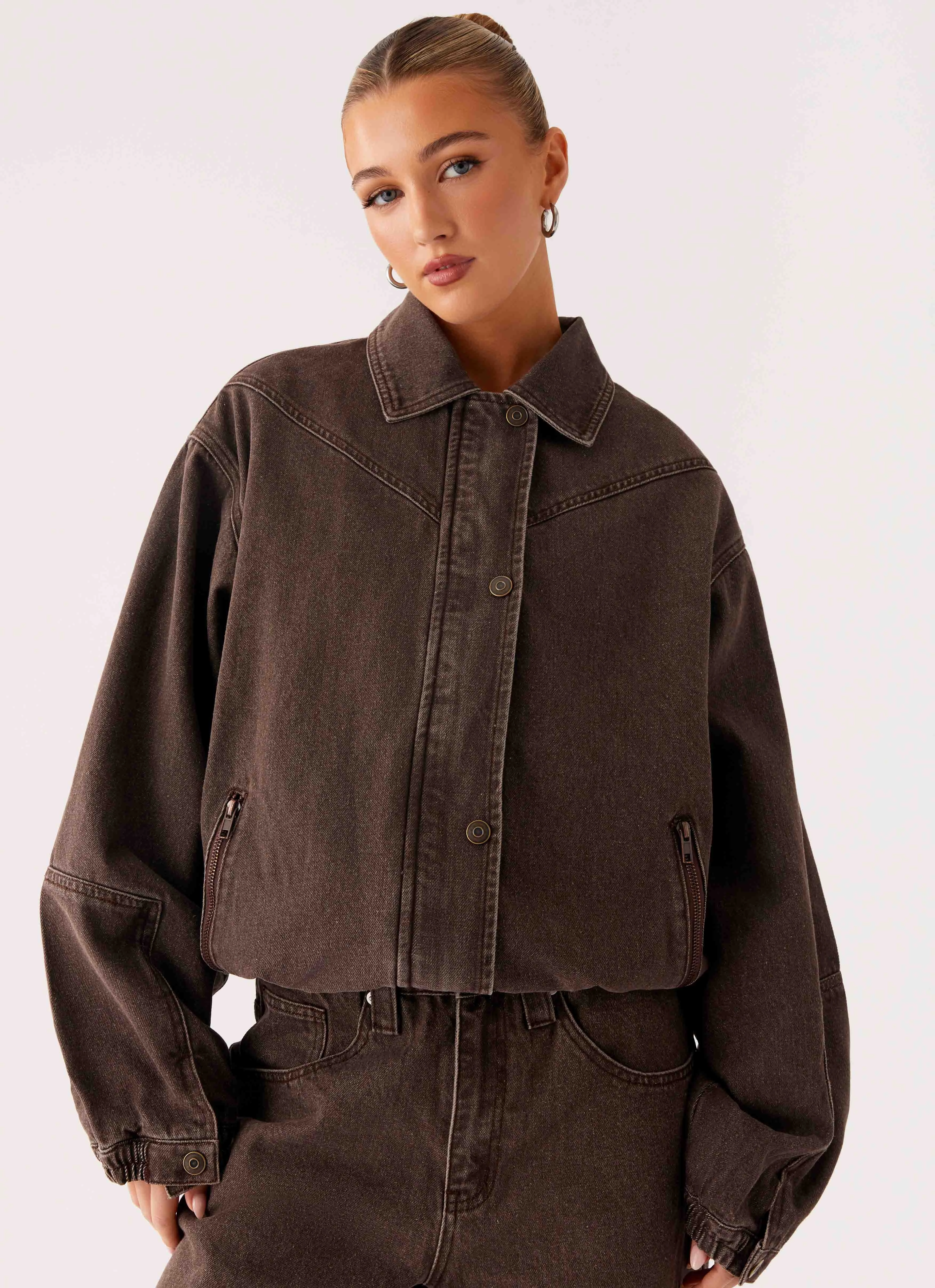 Day To Day Midwest Washed Denim Bomber Jacket - Light Wash Chocolate