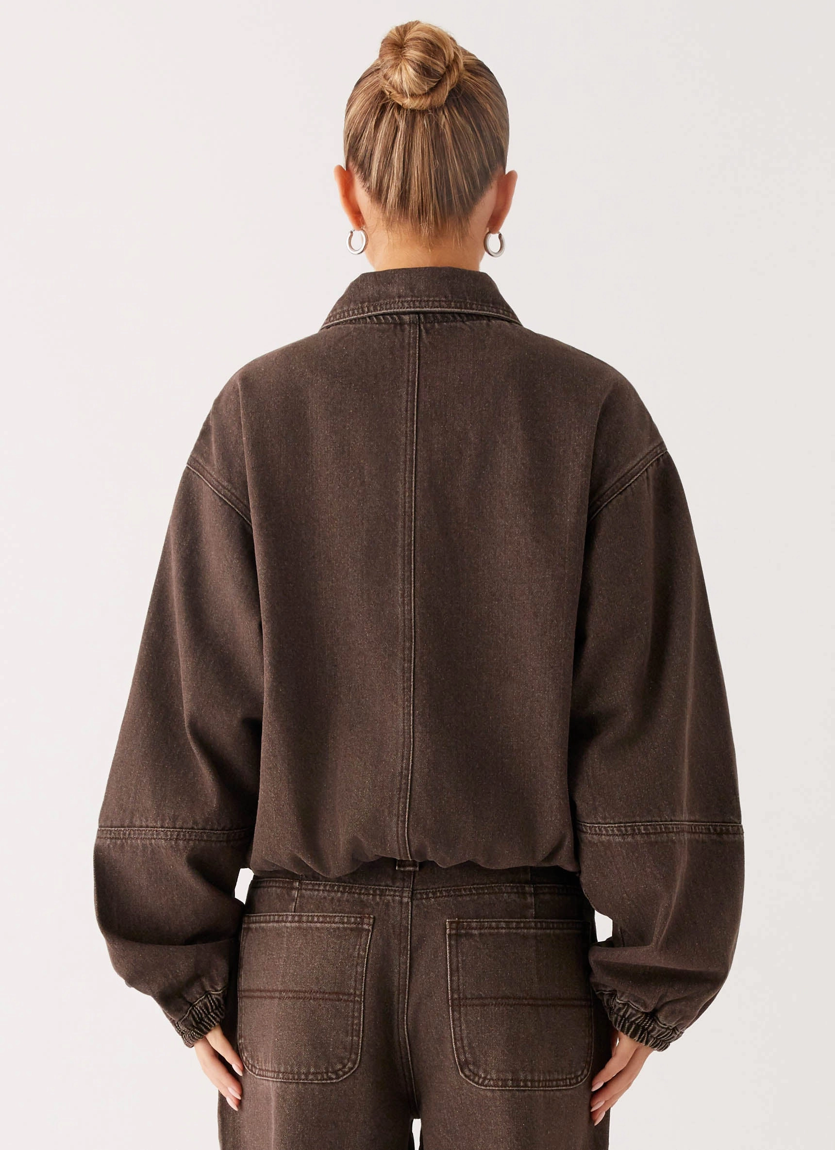 Modern Functional Design Outdoor Activity Midwest Washed Denim Bomber Jacket - Light Wash Chocolate