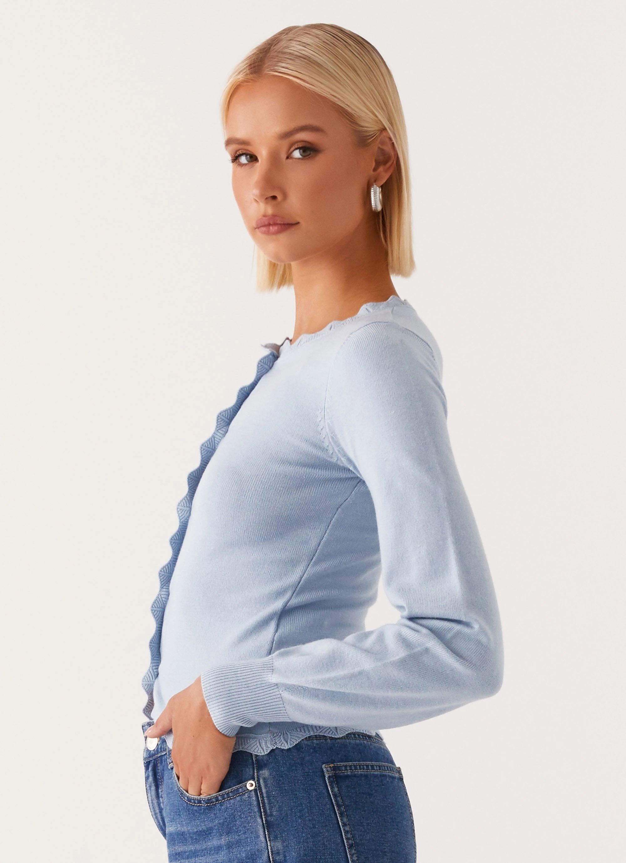 Mikah Lace Trim Cardigan - Baby Blue Oversized Silhouette